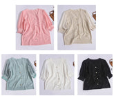 Short Sleeve V-Neck Lace Pearls Button Chiffon Shirt